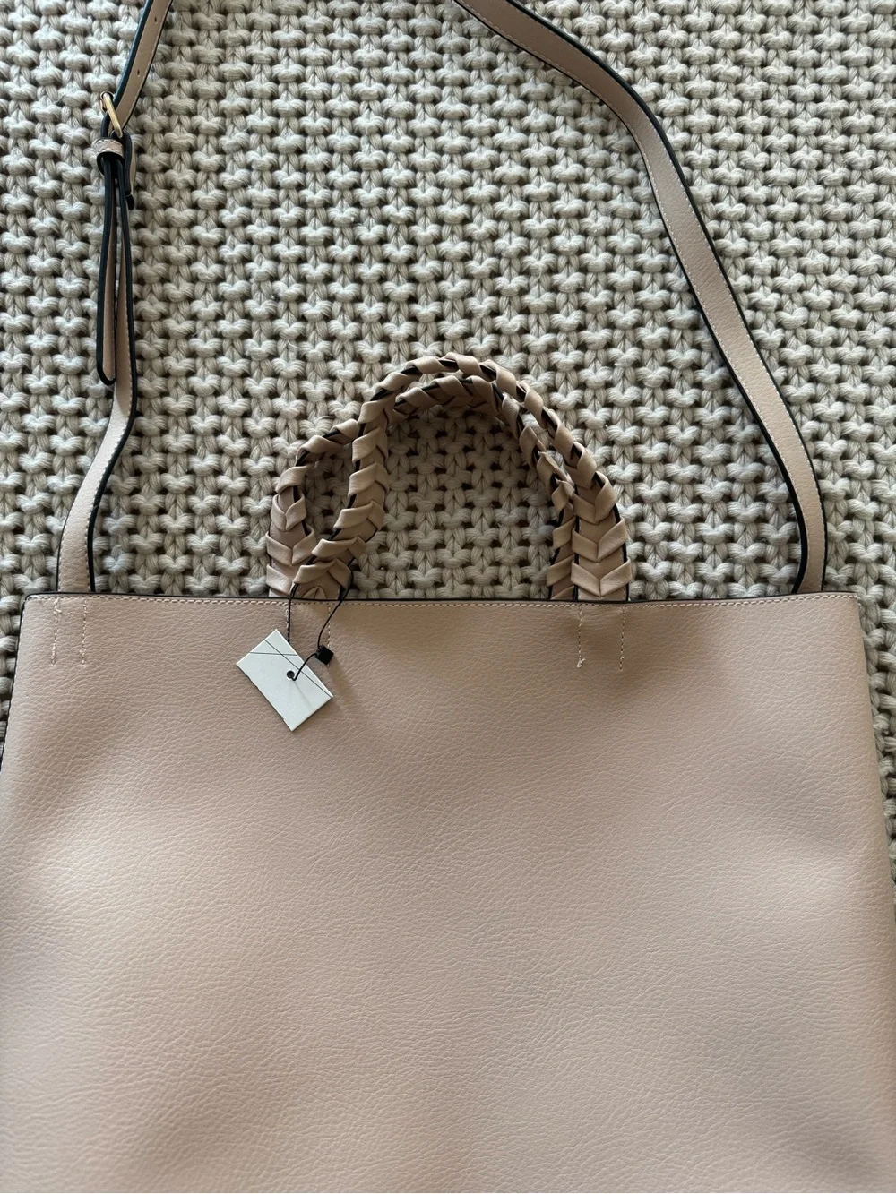 NWT Women's Beige Leather Tote with Braided Handles